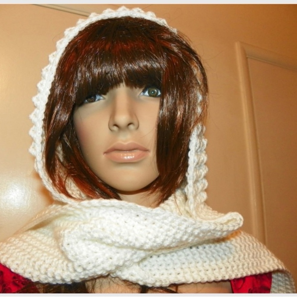 Beautiful Elegant White Hooded Scarf One of a Kind Handmade